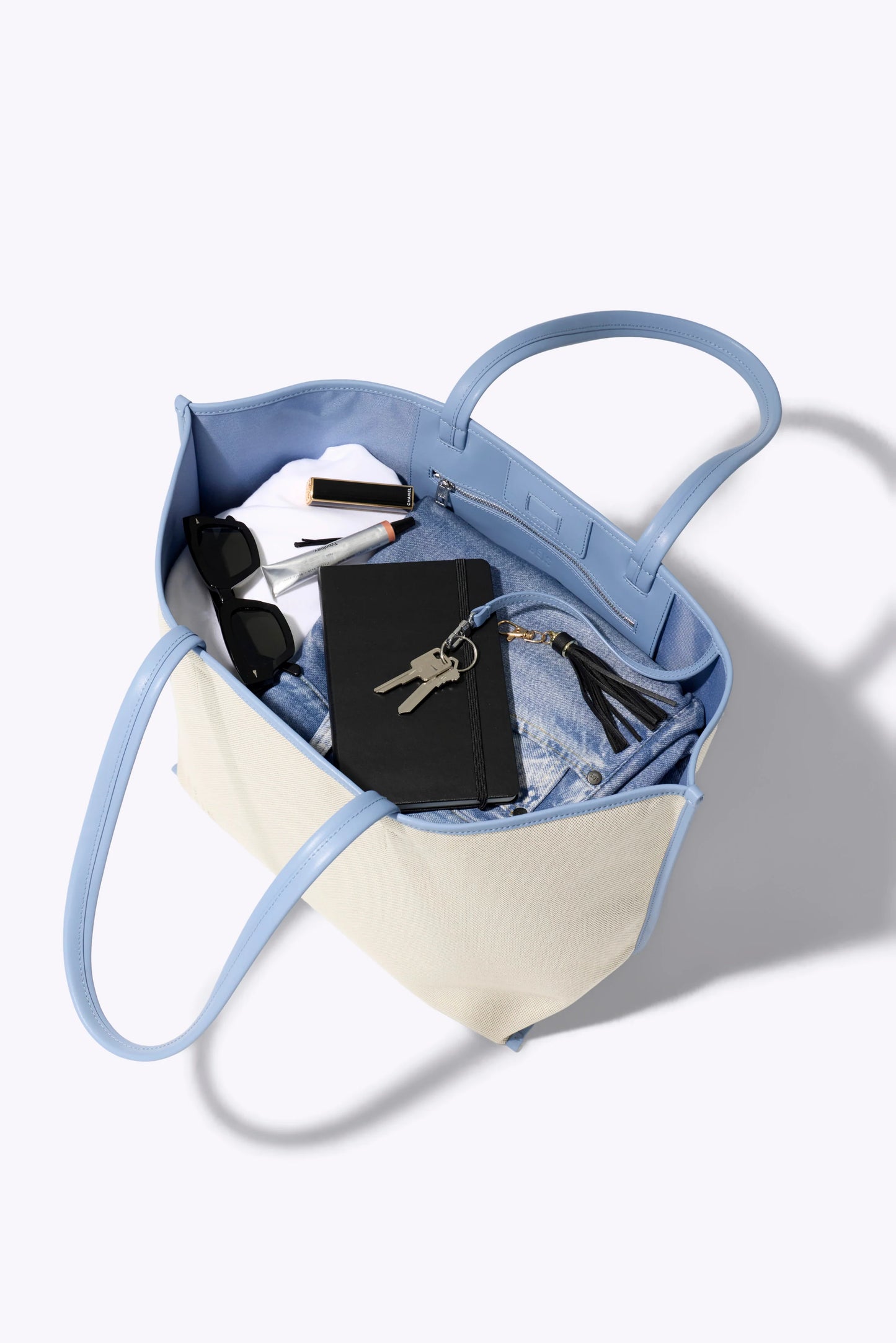 The Canvas and Leather Tote in Dusty Blue