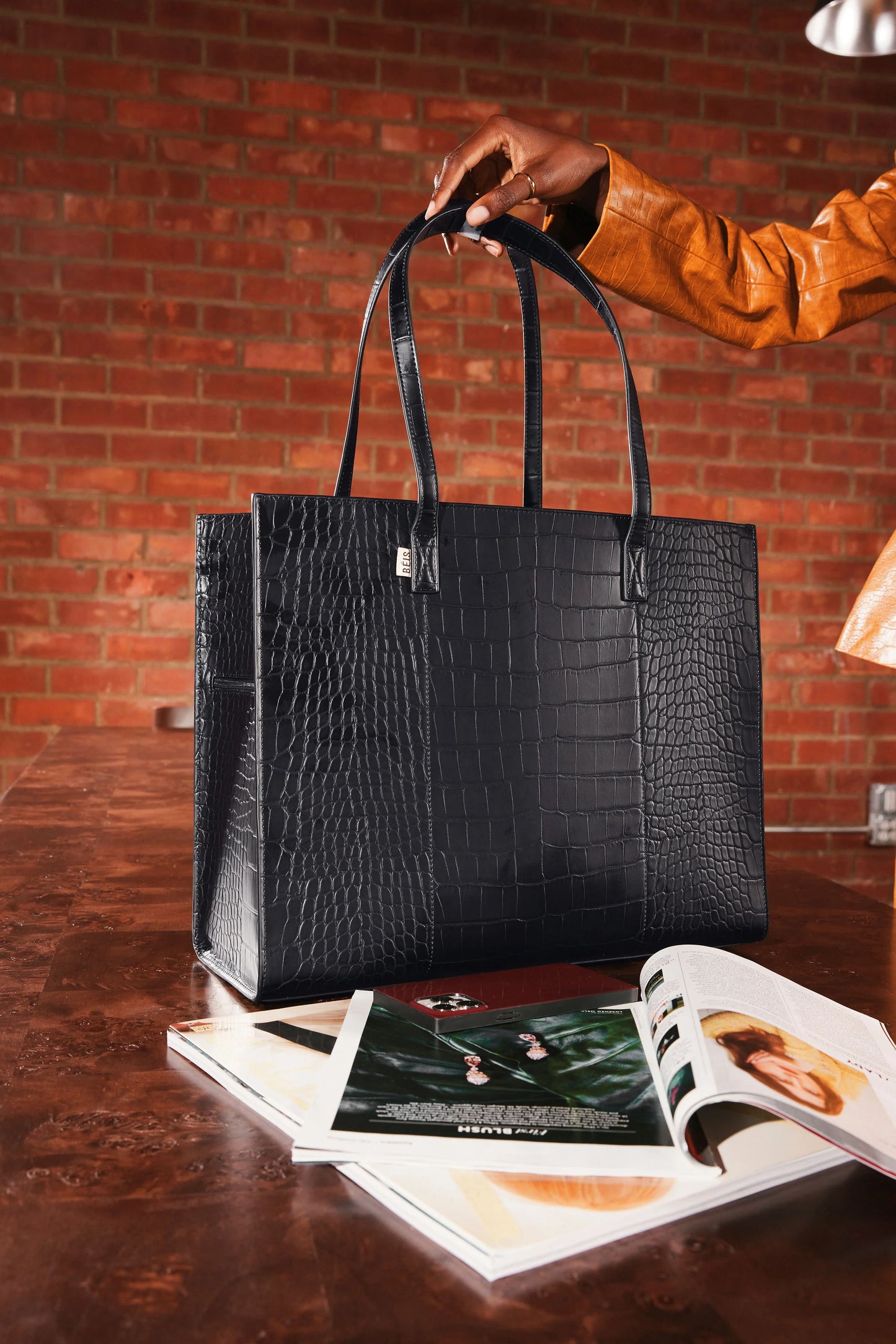 The Large Work Tote in Black Croc