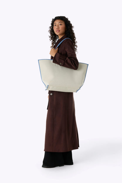 The Canvas and Leather Tote in Dusty Blue